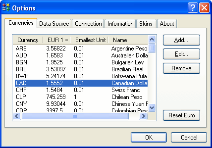 Options Dialog, Currencies Tab