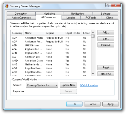 Currency Server Manager - All Currenices Tab