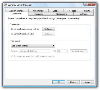 Currency Server Manager - Connection Tab