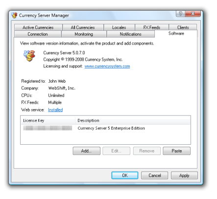Currency Server Manager - Software Tab